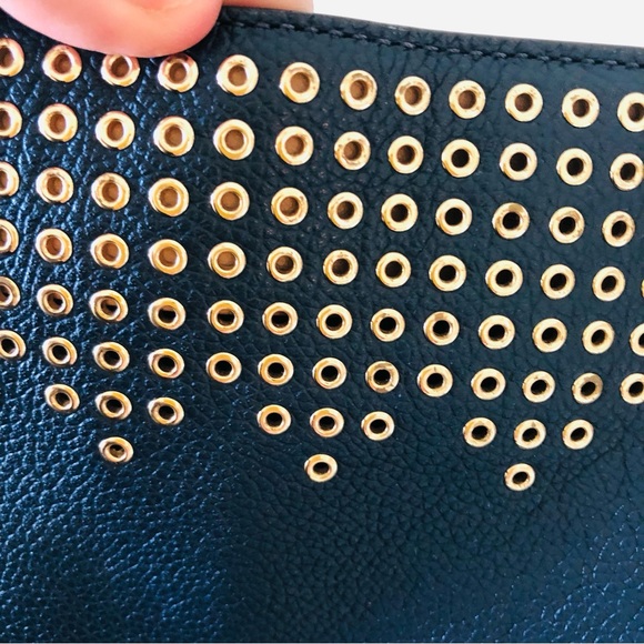 Michael Kors Hayes Collection Grommet Quality Leather Bucket Tote Bag Navy Blue - Picture 9 of 12